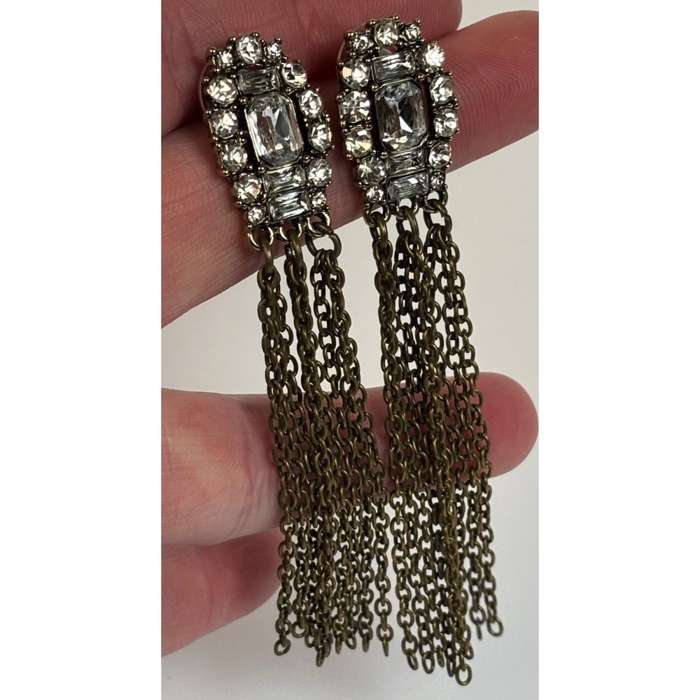 Crystal Rhinestone Drop Earrings Brass Tone Multi Chain Fringe Statement
